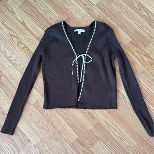 Chocolate Ribbed Tie-Front Off-Shoulder Sweater